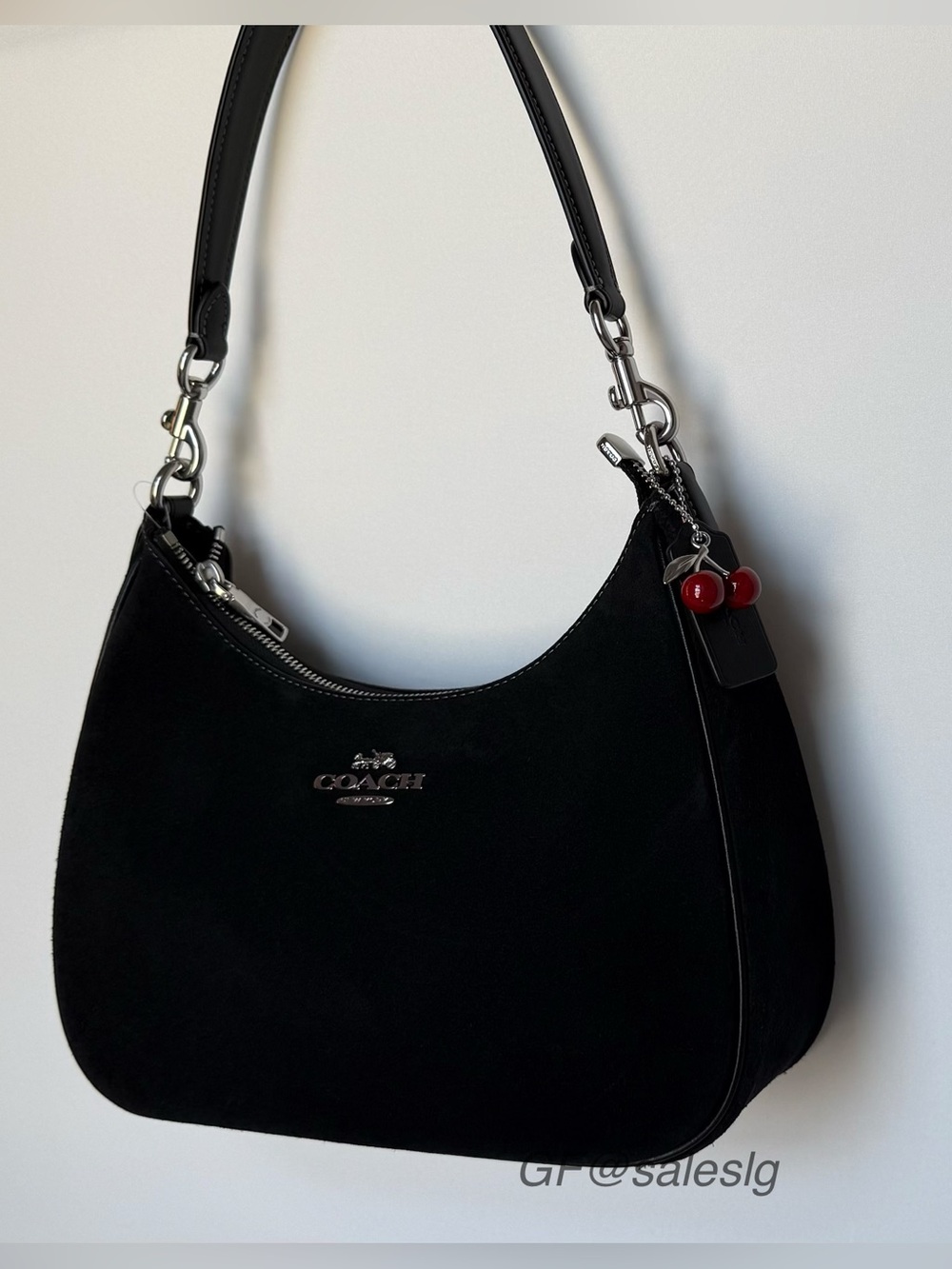 NWT Coach Teri Hobo Shoulder Bag Black Suede Silver Hardware Cherry Charm CCZ88